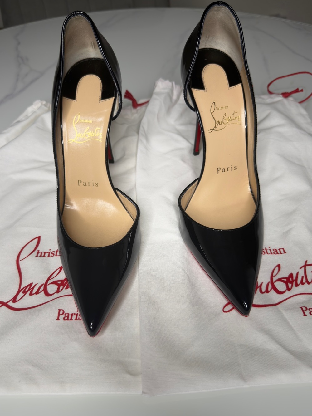 Christian Louboutin Black Patent Pointed Toe Stiletto Pumps with Red Sole